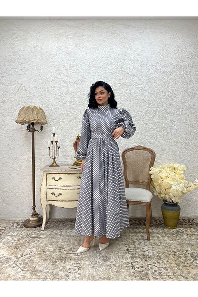 KÜÇÜĞÜM BUTİK Φόρεμα Hijab Γκρι Πουά Μακρύ Φόρεμα