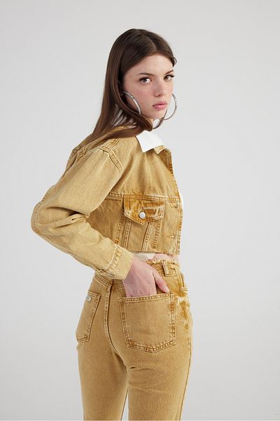 HOLLY LOLLY Marble Patterned Detachable Collar Detailed Crop Cut Pocket Rusted Jean Jacket Camel