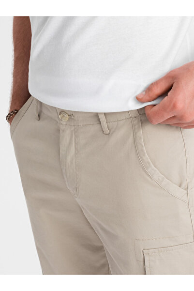OMBRE Pánské jednobarevné kraťasy s cargo kapsami - béžové V3 OM-SRCG-0133 XL
