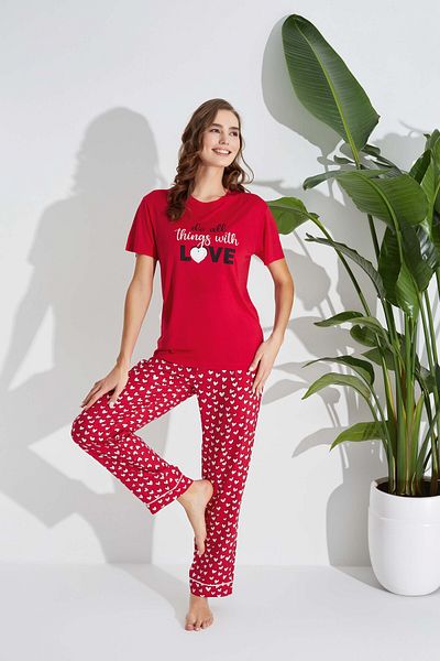 Aydoğan Aydoğan Women's Short Sleeve Poplin Pajamas Set - Motto Detail and Heart Pattern, Red