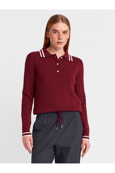 Dilvin 10707 Polo Neck Striped Soft Textured Buttoned Knitwear Sweater-Claret Red-Ecru