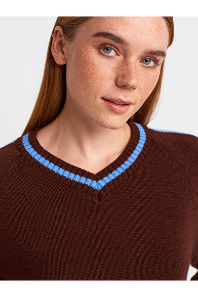 Dilvin 10725 Model V-Neck Striped Knitwear Sweater - Brown