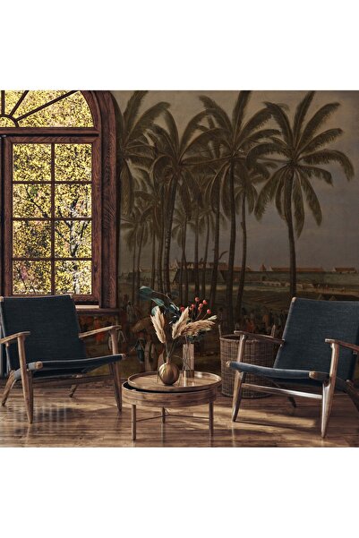 Tasarım Tropikal Palmiye Ağaçlar Gökyüzü ve İnsanlar Tarihi Eskitmeli Duvar K...