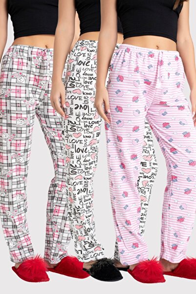 DONEX 3 csomag pamut vékony, légáteresztő szövet szalag derék részletes nyomtatott zseb nélküli női pizsama alsó csomag