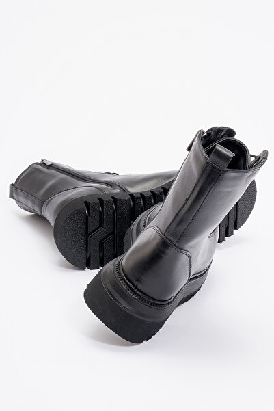 Dericlub Deri̇club Women's Thick Sole Lace-Up Zippered Casual Boots Real Leather Br 66329 Black