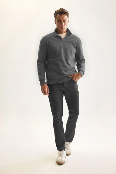 PURE EFFECT Men's Smoked 3 Thread Cotton Raised Fleece Inside Regular Fit Stand Collar Zippered Thick Sweatshirt