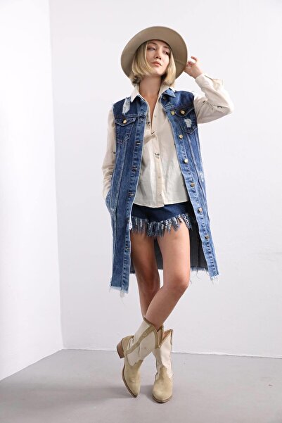 Şaman Butik Koyu Mavi Yırtık Detaylı Kot Yelek