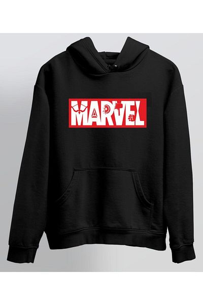 PURE EFFECT Унисекс черен суитшърт с качулка и щампа на Marvel