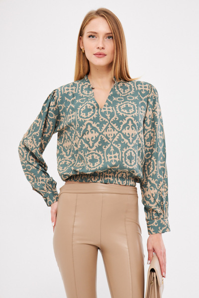 armonika Green V-Neck and Pleat Detailed Elastic Waist Blouse - Arm-25K 001003