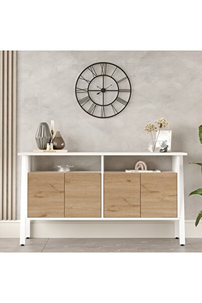 Robin Home Oslo Konsol 4 Kapaklı 140cm Beyaz Metal Ayaklı Sepet-Beyaz