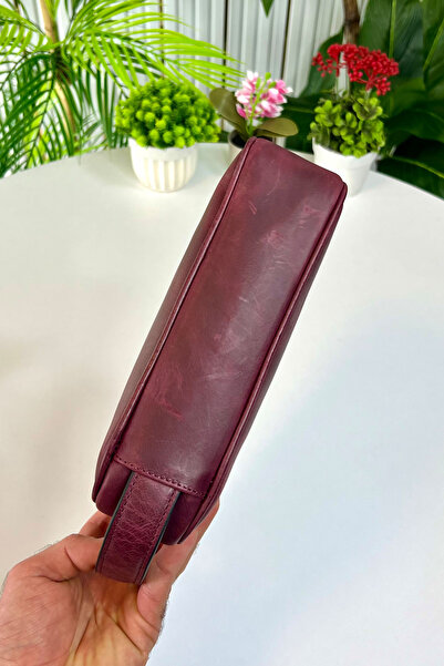 CüzCan Rewoler Antique Burgundy Double Zipper Genuine Leather Clutch Bag