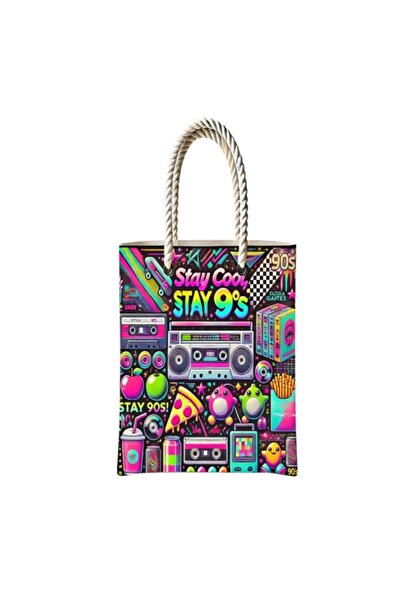 ESA GLOBAL Patterned Daily Use Handbag 90's Retro Themed Zippered Cloth Bag