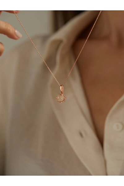 Eva Jewelry Lotus Çiçeği Beyaz Taşlı 14 K Rose Gold Kaplama Kadın Kolye