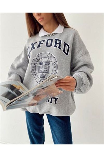 CC STORE Gray Oxford Printed Shirt Collar Sweatshirt