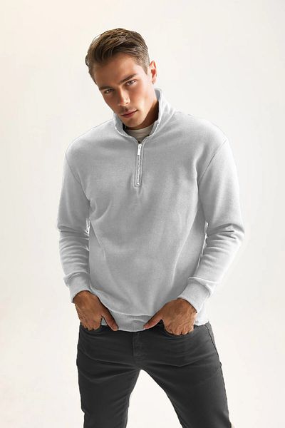 PURE EFFECT White Fleece Men's Sweatshirt - 3 Thread Cotton, Stand Collar, Zippered, Thick