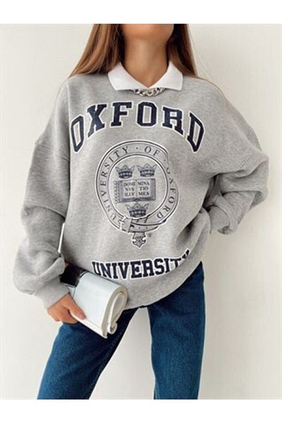 CC STORE Gray Oxford Printed Shirt Collar Sweatshirt