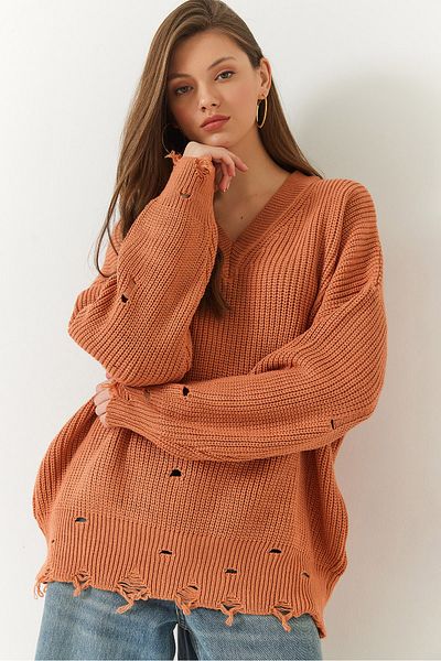 Bianco Lucci Pulover de damă, cu decolteu în V, cu modele rupte