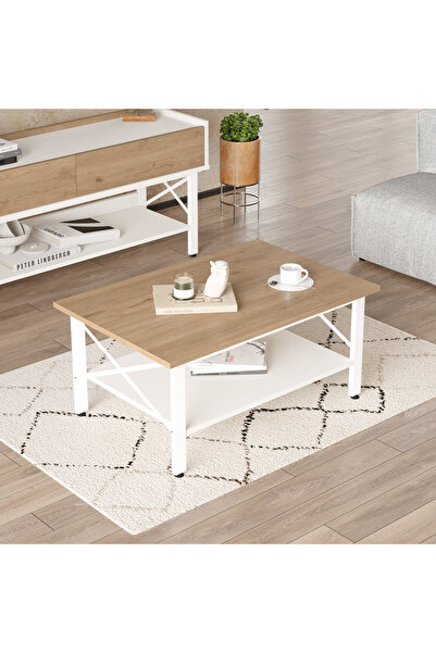 Robin Home Oslo Orta Sehpa Raflı Beyaz Metal Ayaklı Sepet-Beyaz