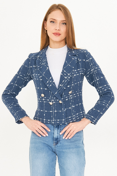 armonika Kadın Koyu Mavi Kruvaze Yaka Tüvit Crop Ceket ARM-24K001014