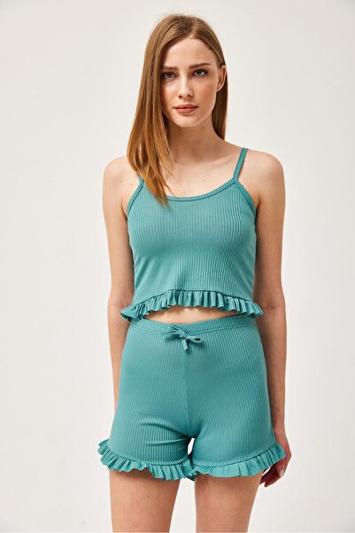 VOLT CLOTHİNG Women's Strap Ruffled Shorts Pajama Set
