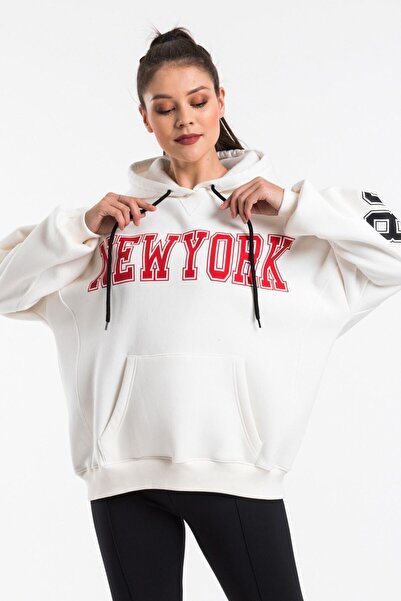 CC STORE Women's Ecru Color Print Detailed Oversize Sweatshirt