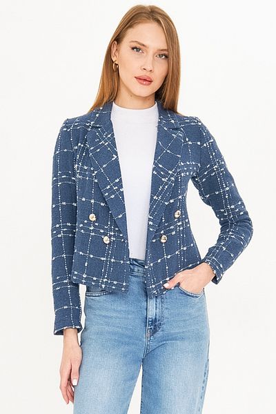 armonika Jachetă crop din tweed pentru femei, albastru închis la dublu piept ARM-24K001014