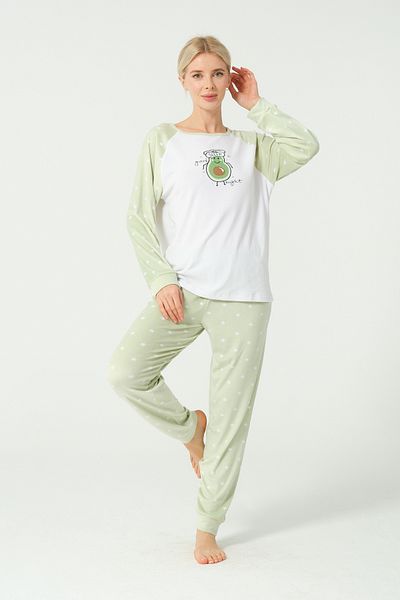 DOFİ Dofi Women's Green Avocado Printed Super Soft Pajama Set