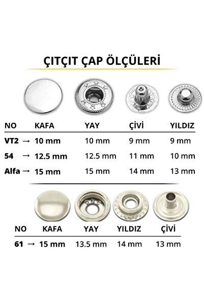 ipekbazaar Metal Çıtçıt 54 -12.5 mm, [25 Takım]