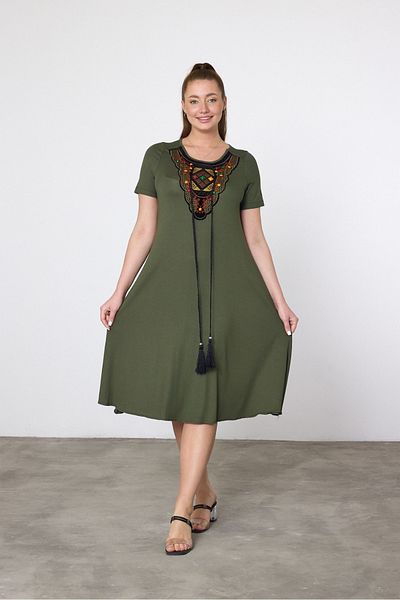 AYASOFYA OTANTIK Women's Khaki Ethnic Embroidery Detailed Short Sleeve Combed Cotton Dress