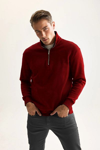 PURE EFFECT Men's Red Fleece Cotton Sweatshirt - Stand Collar, Zip-Up, Thick