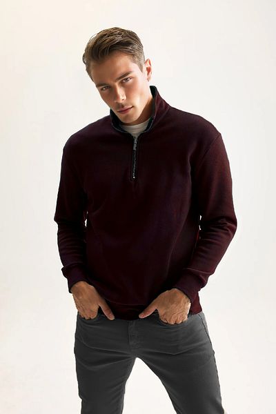 PURE EFFECT Men's Burgundy Green Fleece Cotton Sweatshirt - Zip-Up, Thick, Stand Collar