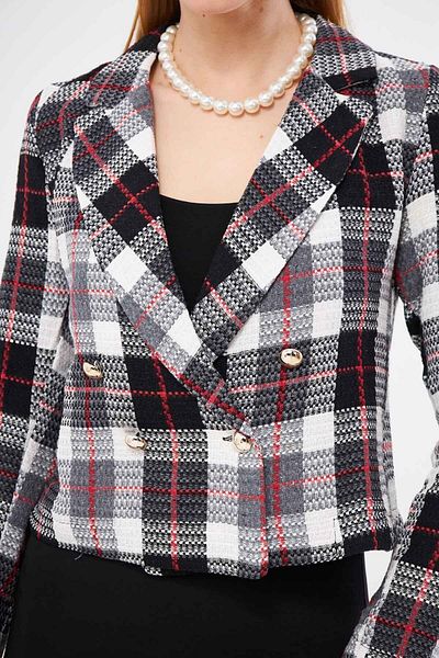 armonika Women's Red-Black Double Breasted Collar Tweed Crop Jacket ARM-24K001014