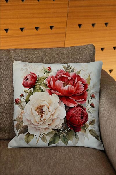 Şah Dekor Nature Themed Floral Pattern Red Color 6-Piece Digital Printed Throw Pillow Cover