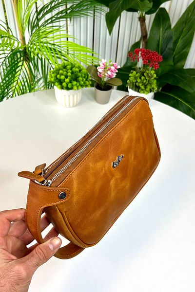 CüzCan حقيبة يد من الجلد الطبيعي بسحاب مزدوج من Rewoler Antique Tan