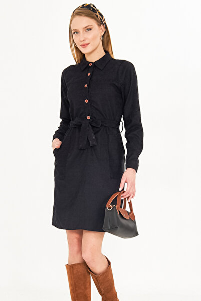 armonika Γυναικείο βελούδινο φόρεμα με μαύρο μπροστινό κουμπί με τσέπες ARM-25K 001085