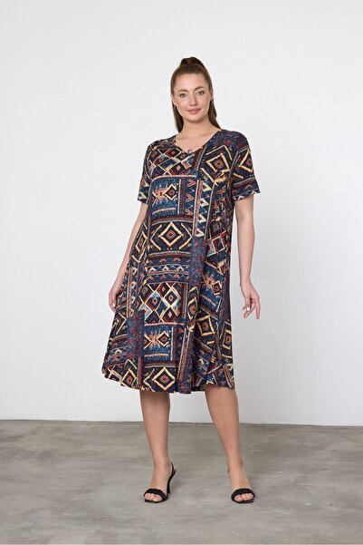 AYASOFYA OTANTIK Γυναικείο πολύχρωμο χτενισμένο βαμβακερό κοντομάνικο φόρεμα Ethnic Print