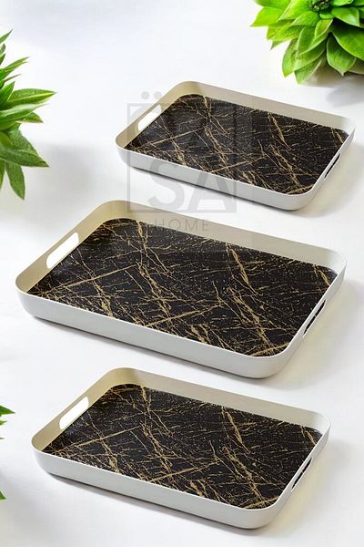 ÖzSa Home 3-Piece Gold Black Melamine Tray with Marble Pattern - Tea Coffee Tray for Presentation Decorative Tableware and Kitchen