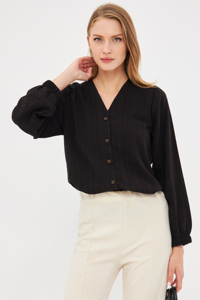 armonika Kadın Siyah Kolu Lastikli Bürümcük Gömlek ARM-24K001002