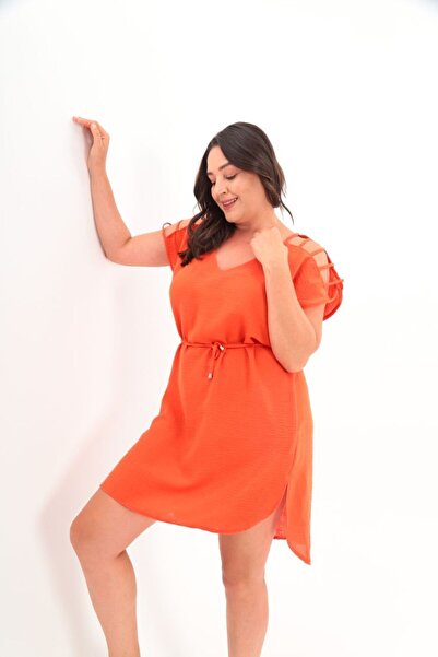 byen Γυναικείο φόρεμα από λινό σε πορτοκαλί χρώμα με λεπτομέρεια στην πλάτη, ...