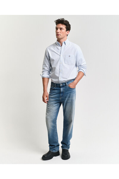 Gant Erkek Mavi Regular Fit Düğmeli Yaka Çizgili Oxford Gömlek