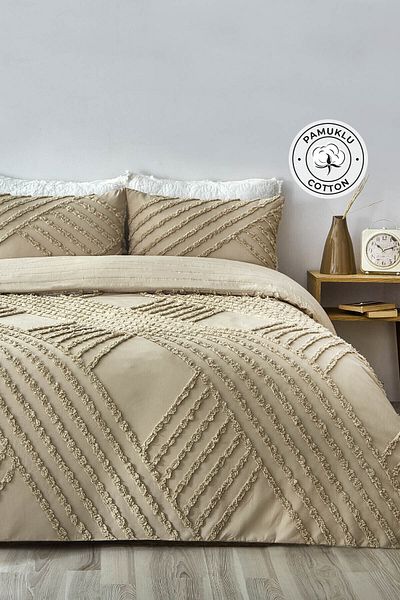 Evlen Home Collection Nora Embossed Cotton Bedspread Set - Single, Boho 2 Pieces, Padded Beige