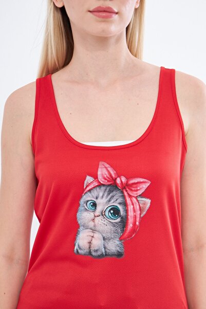 Moda Işık Red Cat Printed Thick Strap Sports Tank Top