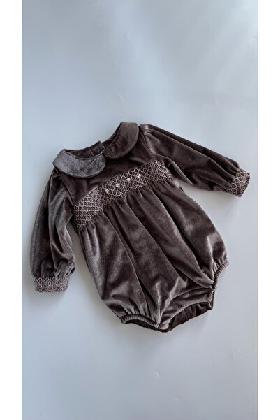 miabambim Rokoko Nakışlı Kadife Kız Bebek Tulum Vizon