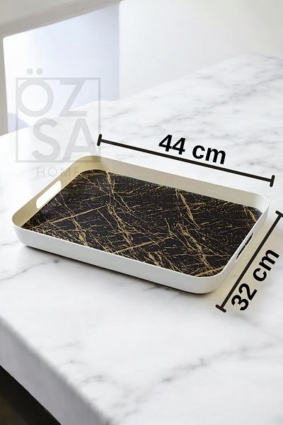 ÖzSa Home 3-Piece Gold Black Melamine Tray with Marble Pattern - Tea Coffee Tray for Presentation Decorative Tableware and Kitchen