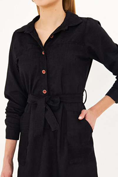 armonika Γυναικείο βελούδινο φόρεμα με μαύρο μπροστινό κουμπί με τσέπες ARM-25K 001085