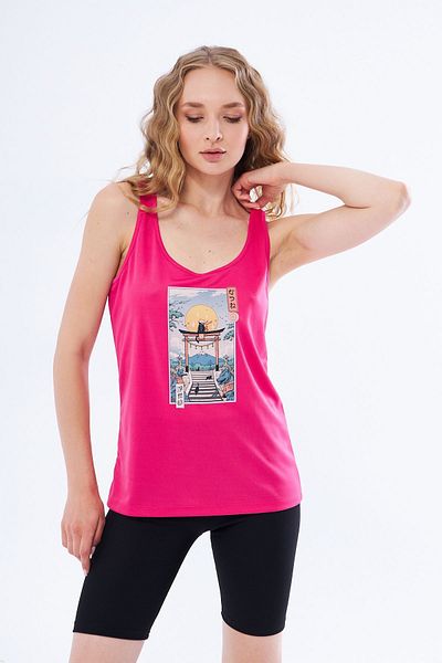 Moda Işık Fuchsia Colored Chinese Printed Thick Strap Sports Undershirt