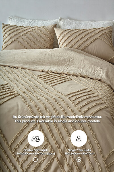 Evlen Home Collection Pamuklu Nora Kabartmalı Yatak Örtüsü Takımı Tek Kişilik Günlük Boho 2 Parça Dolgulu Bej
