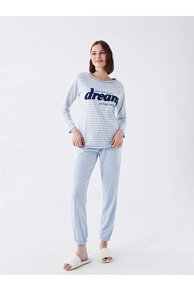LC Waikiki Set de pijamale pentru femei cu mânecă lungă, brodat cu decolteu, albastru Lcw Dream