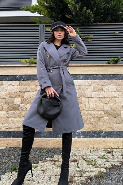 MyLoore Women's Anthracite Belted Oversize Lined Trench Coat Mlb00011