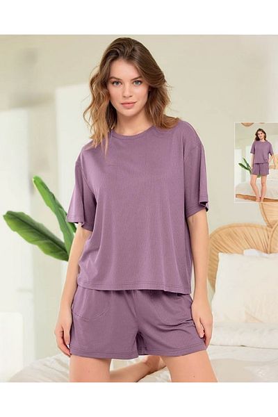 Aydoğan Lodos Store Aydoğan Women's Basic Short Sleeve Shorts Rib Pajamas Set Lyocell Purple